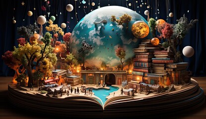 Naklejka premium Fantasy world inside of the book. Concept of education imagination and creativity from reading books. 