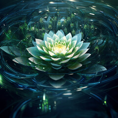  An AI-generated illustration of a lotus flower blooming gracefully by a serene, clear lake. A sense of peace, meditation, and inner harmony, experience the beauty of spiritual growth and renewal.