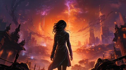 Fototapeta na wymiar Girl on the odge of the skyscraper over the futuristic city at night. Digital anime artwork. 