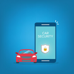 Car security system. Automobile alarm concept. App for alarm auto on screen phone. Inclusion of the protection through smartphone. Vector illustration in flat style.	