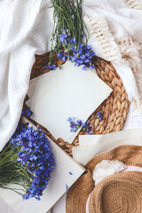 Greeting card template top view in spring decor