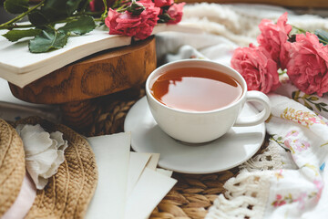 Cup of hot tea and spring home interior. good morning concept