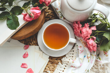 Cup of hot tea and spring home interior. good morning concept