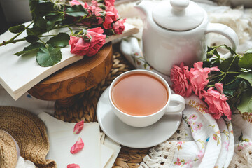 Cup of hot tea and spring home interior. good morning concept