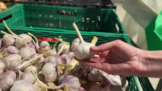 Woman chooses garlic in the supermarket.