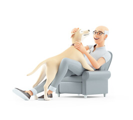 3d senior man stroking his dog while sitting in armchair