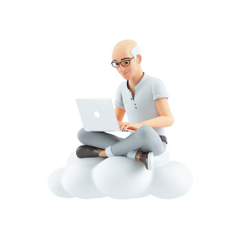 3d senior man sitting on cloud and using laptop