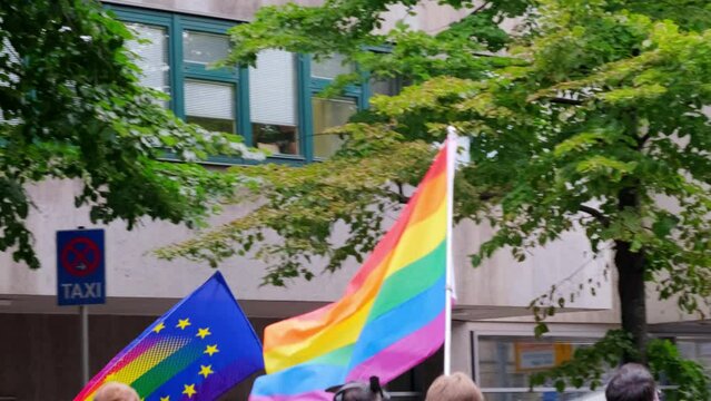 rainbowflag, fight for sexual diversity, participants of international LGBT movement, Gay pride parade in city with rainbow flags, against discrimination and attacks on queer people