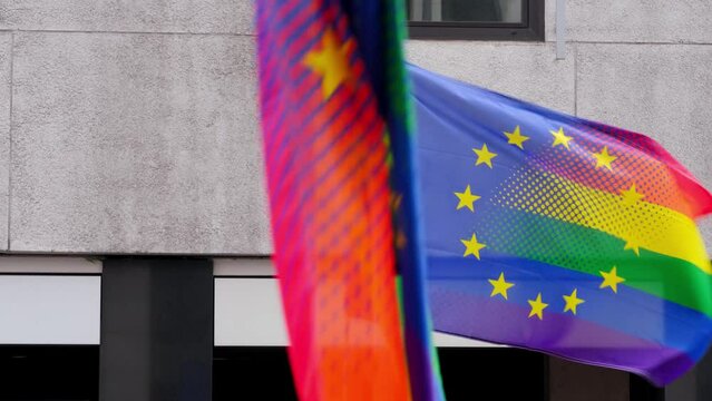 rainbowflag, fight for sexual diversity, participants of international LGBT movement, Gay pride parade in city with rainbow flags, against discrimination and attacks on queer people