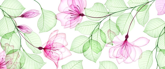 Floral art background with roses and leaves hand drawn in transparent style. Botanical vector banner for decoration design, print, textile, interior, poster, wallpaper © VectorART