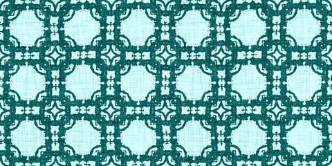Teal green white vibrant watercolor batik azulejos tile border banner background. Seamless aqua coastal blur linen effect geometric mosaic effect.Boho Patchwork nautical masculine summer ribbon trim. 