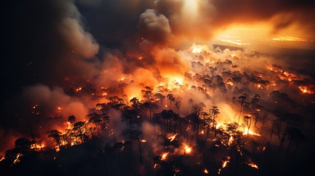 High - angle wide shot, taken from a helicopter, of a raging forest fire