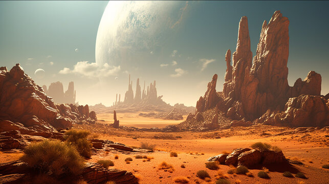 image of a desert with rocks in the background, in the style of sci-fi landscapes - Generative AI