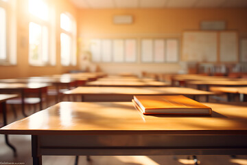 Concept of back to school, empty classroom with books