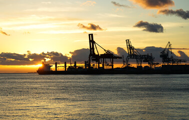 Harbor crane with Cargo Ship,evening at Osaka Bay, Cargo Ship,Harbor crane
