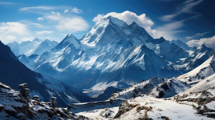 Fototapeta na wymiar A snow capped mountain range in the Himalayas.