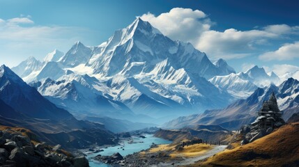 A snow capped mountain range in the Himalayas.