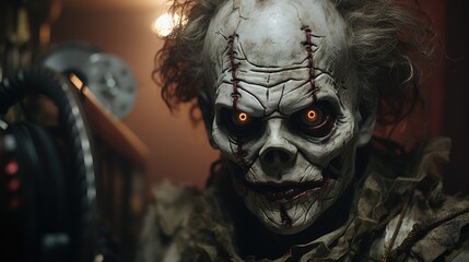 A creepy clown man with glowing red eyes. - obrazy, fototapety, plakaty