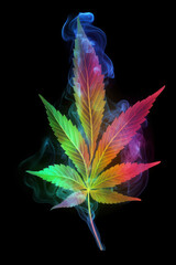 Obraz premium Purple green marijuana plant on black background. Colored neon large leaves of cannabis hemp and smoke. smoke drug. ai