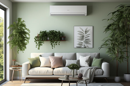 Elevating comfort, Mockup of split unit AC purifier enhances stylish living room Generative AI