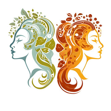Vector illustration of beautiful woman face with floral hairstyle and leaves.