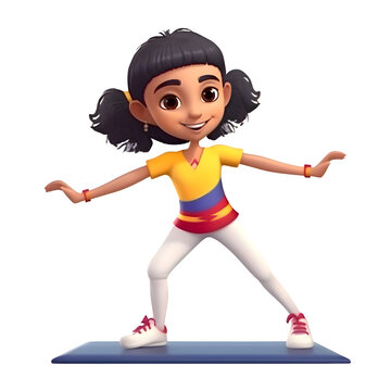 3D Render of Little Asian girl with exercise pose on exercise mat