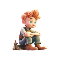 3d rendering of a little boy sitting on a wooden block with chess