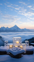 a stunning translucent zen meditation garden with inner lit crystal sculpture on high cliff of himalaya snow mountain, overlooking vast ocean view reflecting the sky and clouds, Generated AI