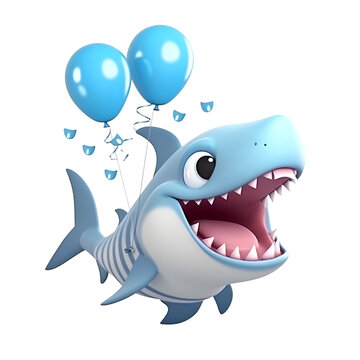 Cartoon shark with balloons on a white background. 3d rendering.