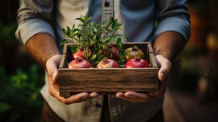 a man's hands holding a wooden box with pomegranate fruit
