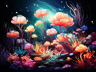 Fototapeta na wymiar Illustration of colorful corals with underwater life around them. The sunlight from above colors the coral well and creates shadows on the seabed.