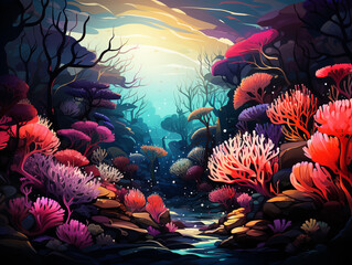 Fototapeta na wymiar Illustration of colorful corals with underwater life around them. The sunlight from above colors the coral well and creates shadows on the seabed.