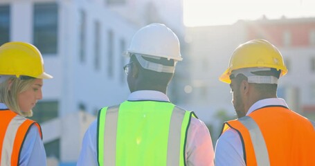Back, teamwork or architects on construction site planning a building project or renovation together. Architecture, engineering or collaboration of designer talking to contractor for property safety