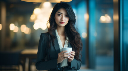 A Beautiful Asian Businesswoman At Work Holding a Cup of Coffee