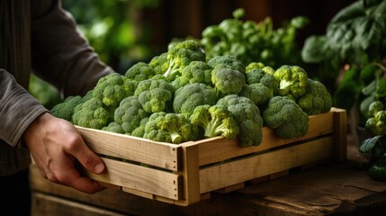 a man's hands holding a wooden box with broccoli vegetables