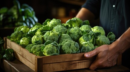 a man's hands holding a wooden box with broccoli vegetables