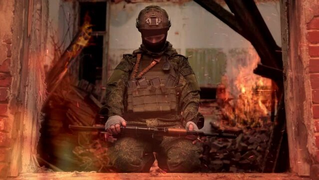 Desperate soldier sitting on his knees with a Kalashnikov assault rifle in the middle of a war zone, Deserted destroyed city buildings burning in the background. Russian - Ukrainian conflict