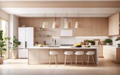 an amazing kitchen with mind-blowing ideas. Illustration in a minimalist style inspired by Scandinavian design. The illustration showcases a spacious kitchen with a focus on 1, generated ai