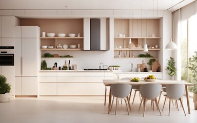 an amazing kitchen with mind-blowing ideas. Illustration in a minimalist style inspired by Scandinavian design. The illustration showcases a spacious kitchen with a focus on 2, generated ai