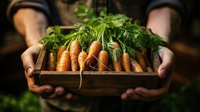 a man's hands holding a wooden box with carrots