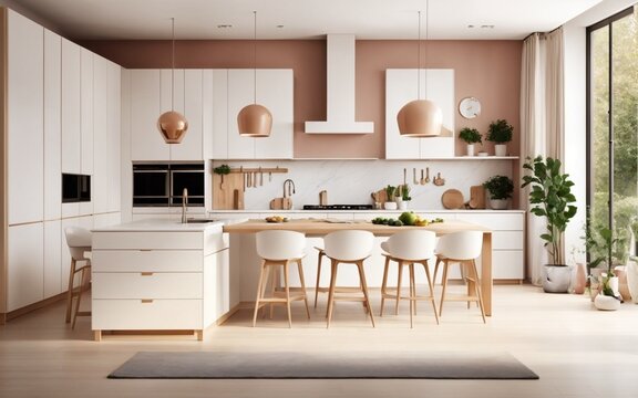 an amazing kitchen with mind-blowing ideas. Illustration in a minimalist style inspired by Scandinavian design. The illustration showcases a spacious kitchen with a focus on 4, generated ai