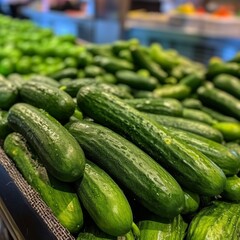 Fresh cucumbers on the counter display. Product for salads, low-calorie tasty vegetable for a healthy snack. Generative AI
