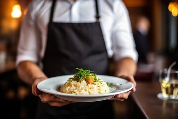 Waiter serves risotto on a plate in an Italian restaurant