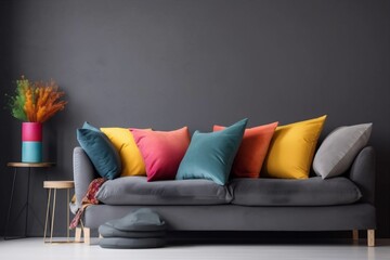 interior background concrete sofa stylish living grey cosy pillow simple lounge. Generative AI.