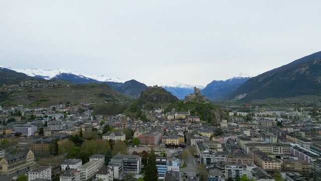 Sion also called Sitten in Switzerland - aerial view by drone