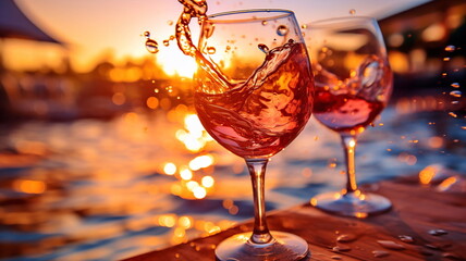 glass of  wine  with splash in glass on wooden table on  front sunset  beach sea, bokeh sun flares