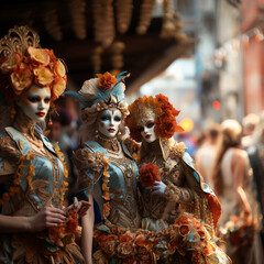 wonderful Venetian-style masks parade through the narrow streets of the city Generative AI