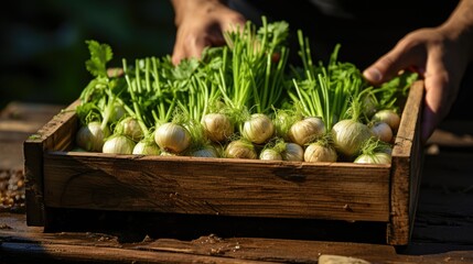 a man hands holding a wooden box with onion spring