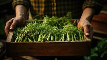 a man's hands holding a wooden box with asparagus