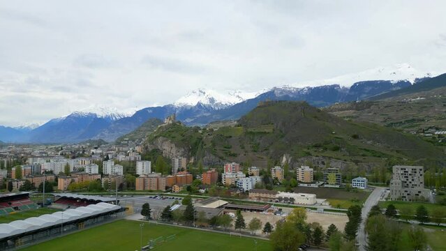 Sion from above with Valere Castle and Tourbillon Castle - aerial view by drone